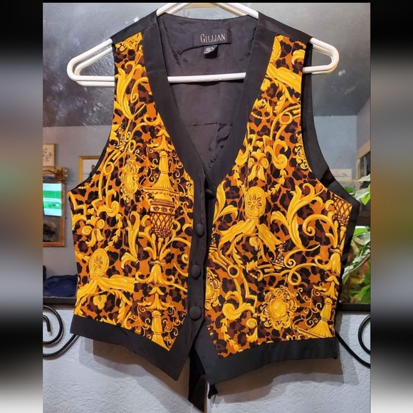 VTG Luxury 100% Silk Gillian Black Gold Ornament Print Baroque Vest Size 12 - Picture 7 of 7